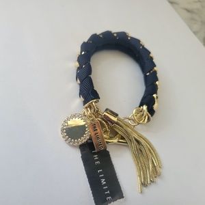 The Limited Navy Blue Gold Tone Metal Braided Tassel Sparkled Charm Bracelet